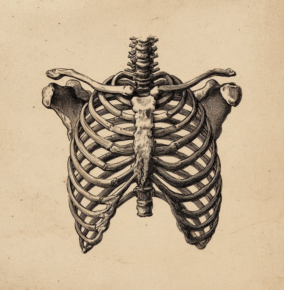 Anatomical engraving of a human ribcage, seen from the front, in sepia ink on aged paper.